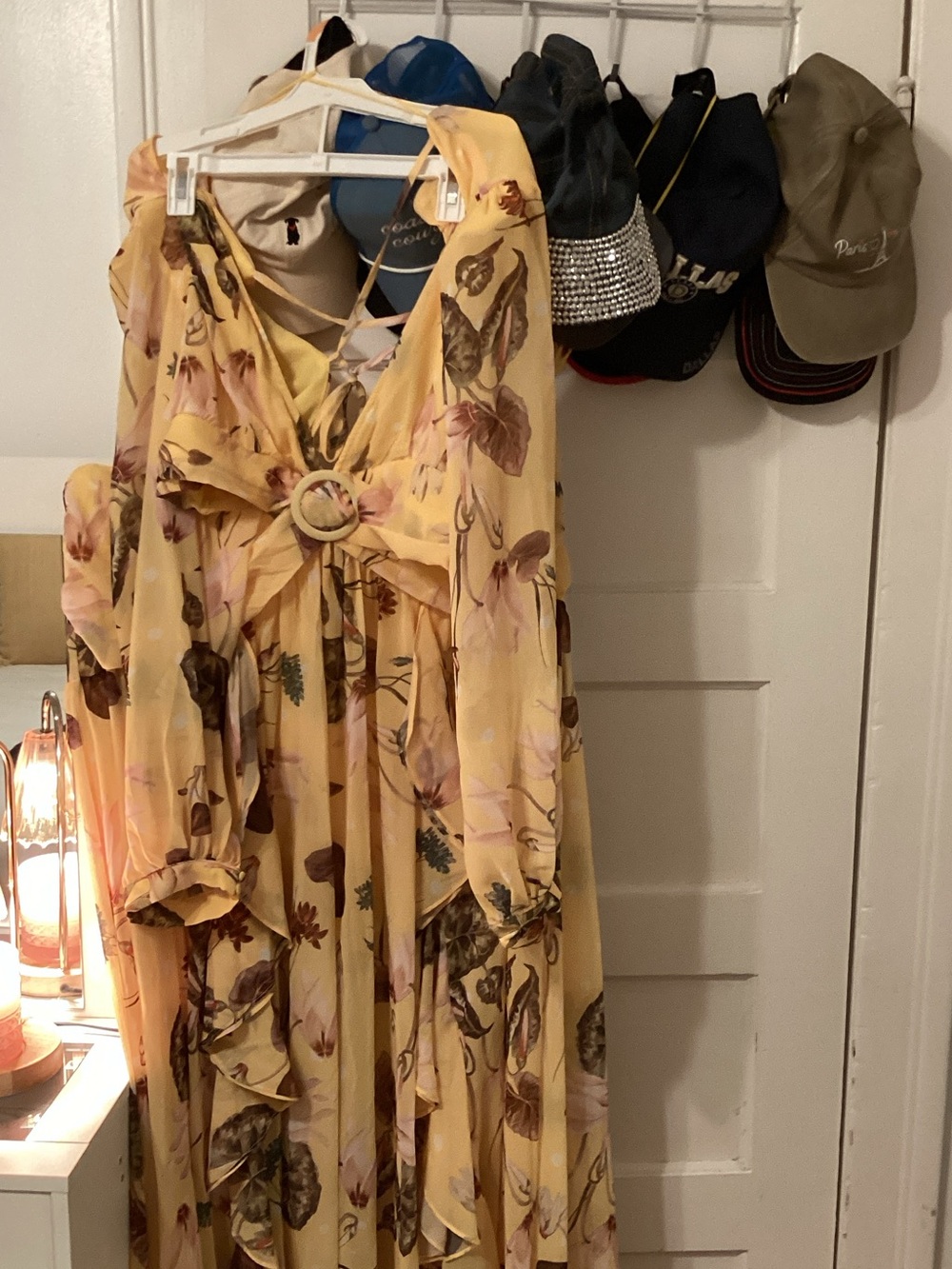 Yellow Floral Maxi Dress with Ring-Front Tie